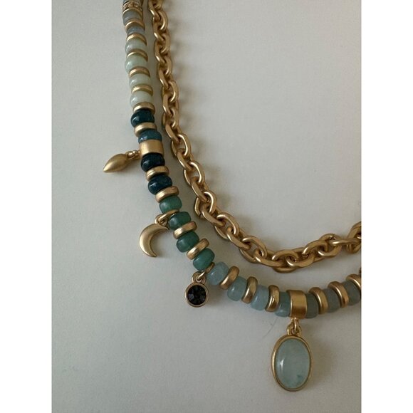 Ann Taylor LOFT Gold Tone Double Strand Adjustable Necklace Green Beads 9" - Picture 2 of 6